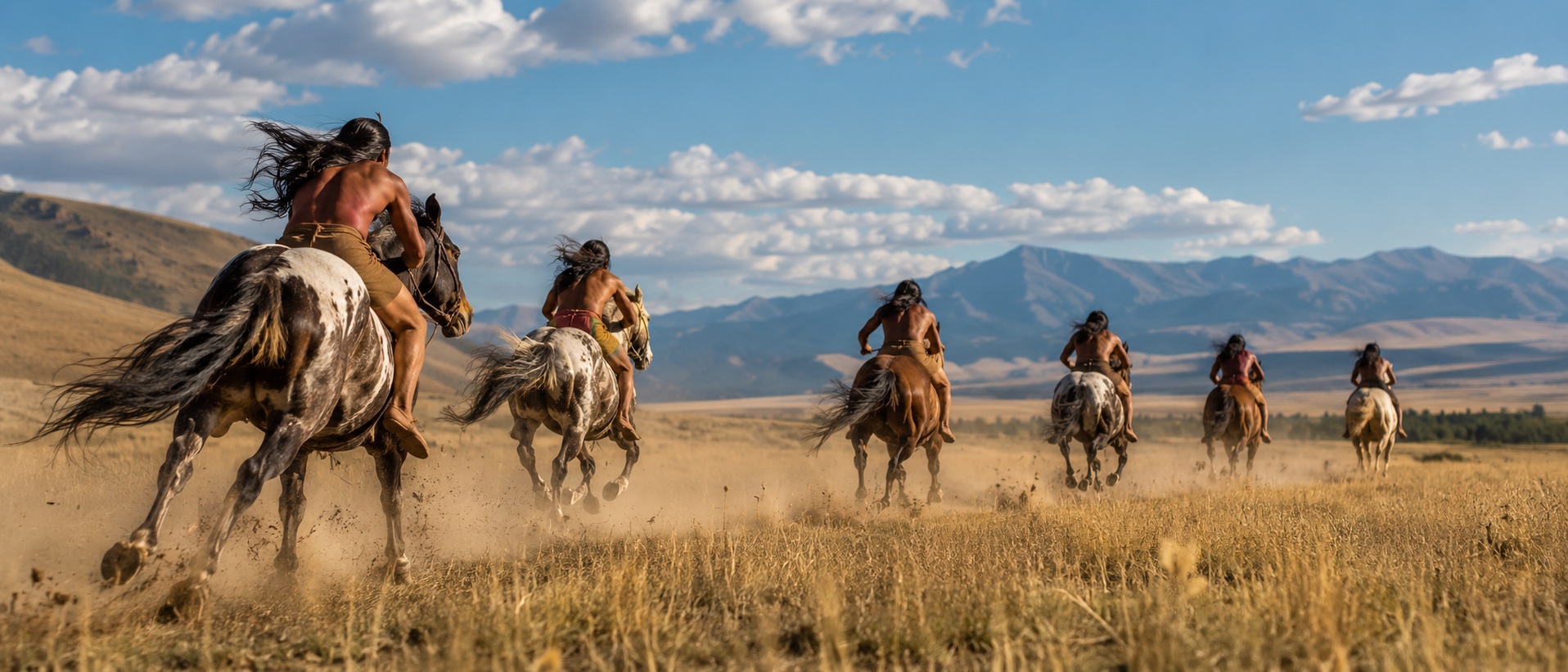 Native riders on horseback racing bareback across the open prairie with mountains in the distance