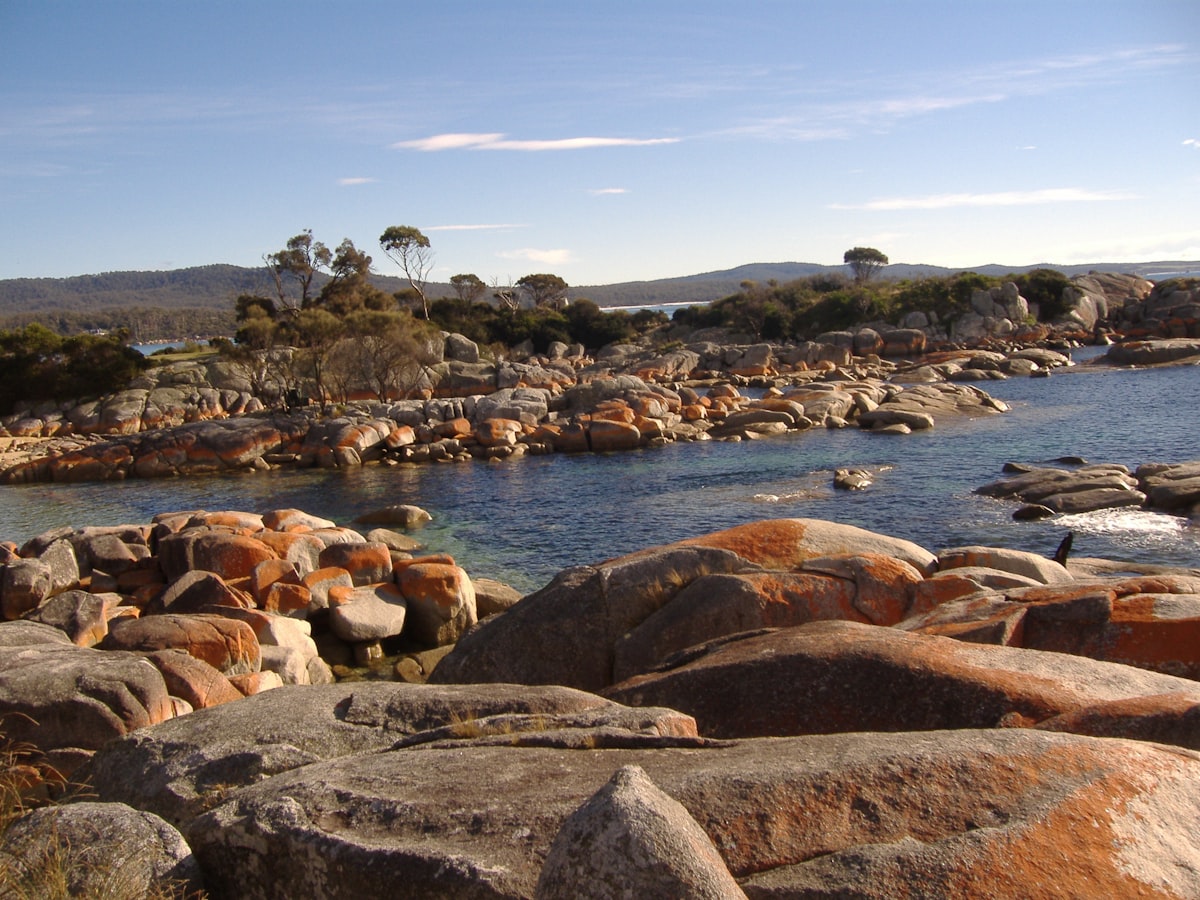 Brown rocks on a rugged Tasmanian coastal shore
