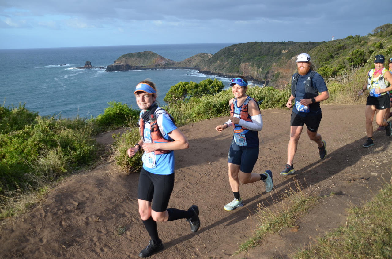 Two Bays Trail Run competitors on the Mornington Peninsula track at Dromana