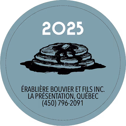 Blue circular sticker with 2025, a maple syrup stack illustration, and contact info for Érablière Bouvier et Fils.