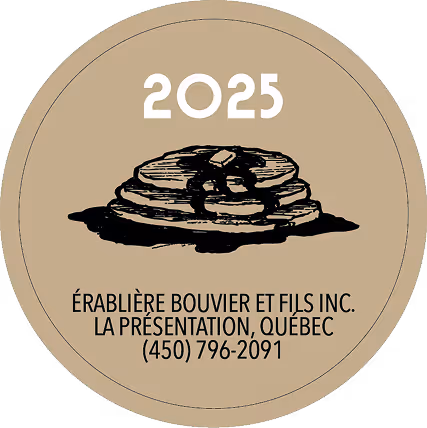 Beige circular logo with stacked pancakes illustration and text for Érablière Bouvier et Fils Quebec 2025.