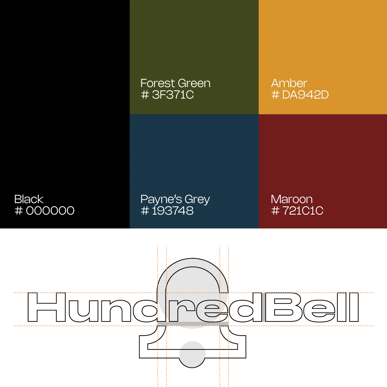 Color palette with Forest Green, Amber, Black, Payne's Grey, Maroon, and logo design grid for Hundred Bell.