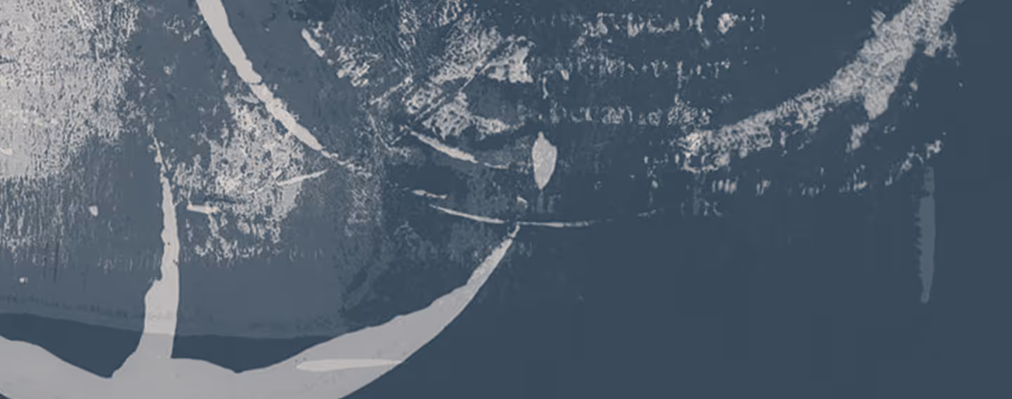 Abstract textured artwork with curved white shapes on a dark blue-gray background.