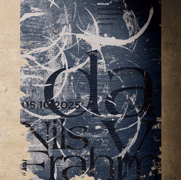 Grungy wall poster with abstract white scratches and black text with date 05.10.2025 and contact info. (unblast.com)