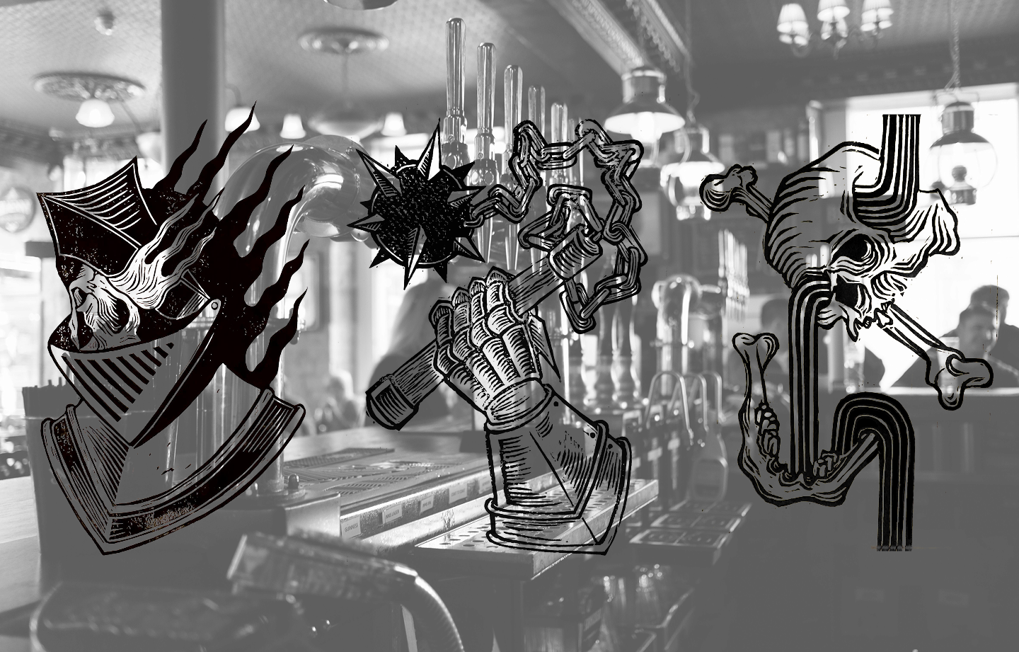 Black and white pub interior with bar taps and skull and hand drawings overlaid on the image. (Martha Anna Maria Beckers, unsplash)