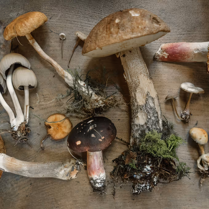 Various mushrooms of different shapes and colors laid out on a wooden surface with dirt and moss roots. (Andrew Ridley, unsplash)