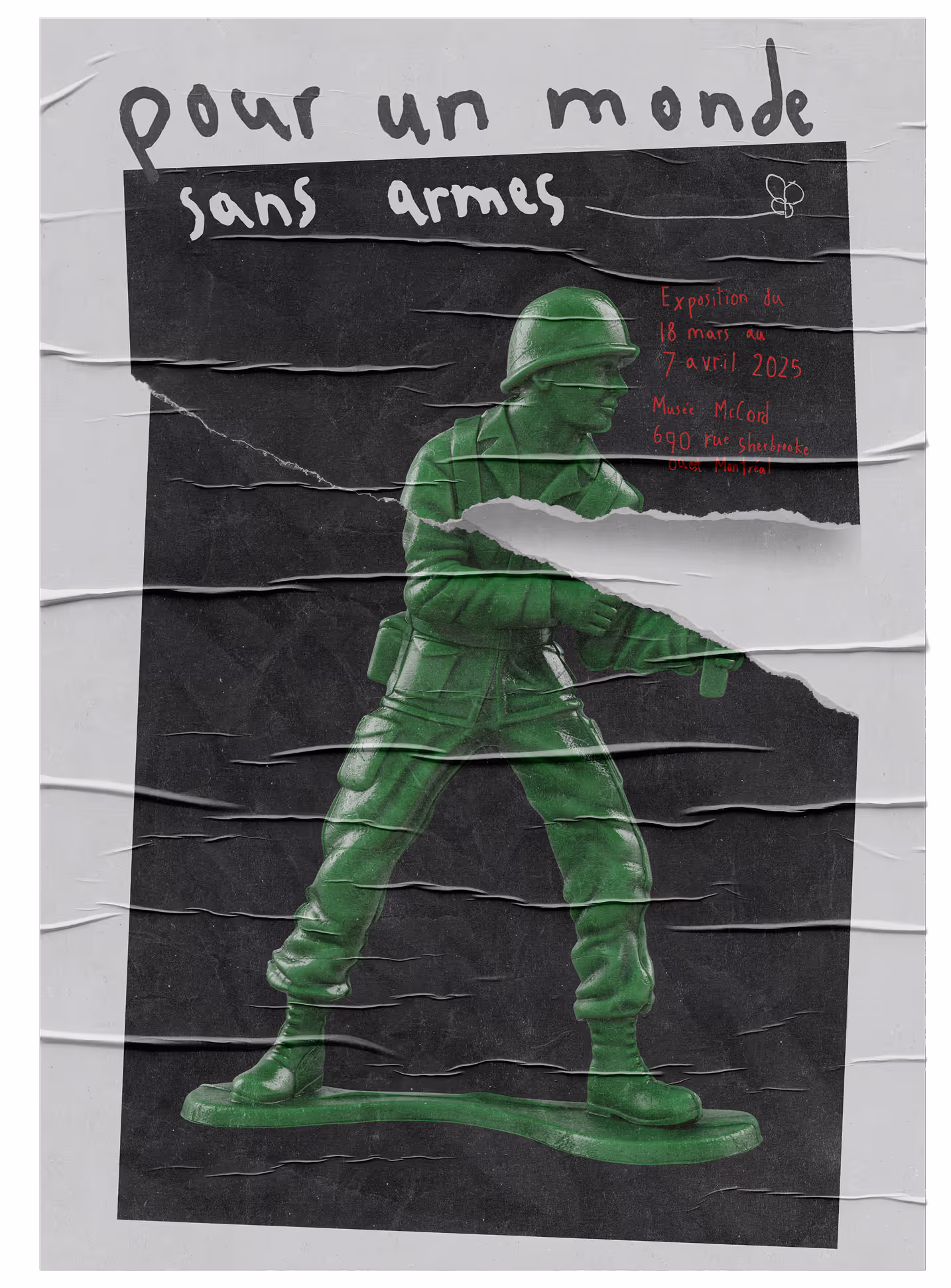 Green toy soldier with torn paper effect on a black and gray background with handwritten text. (unblast)