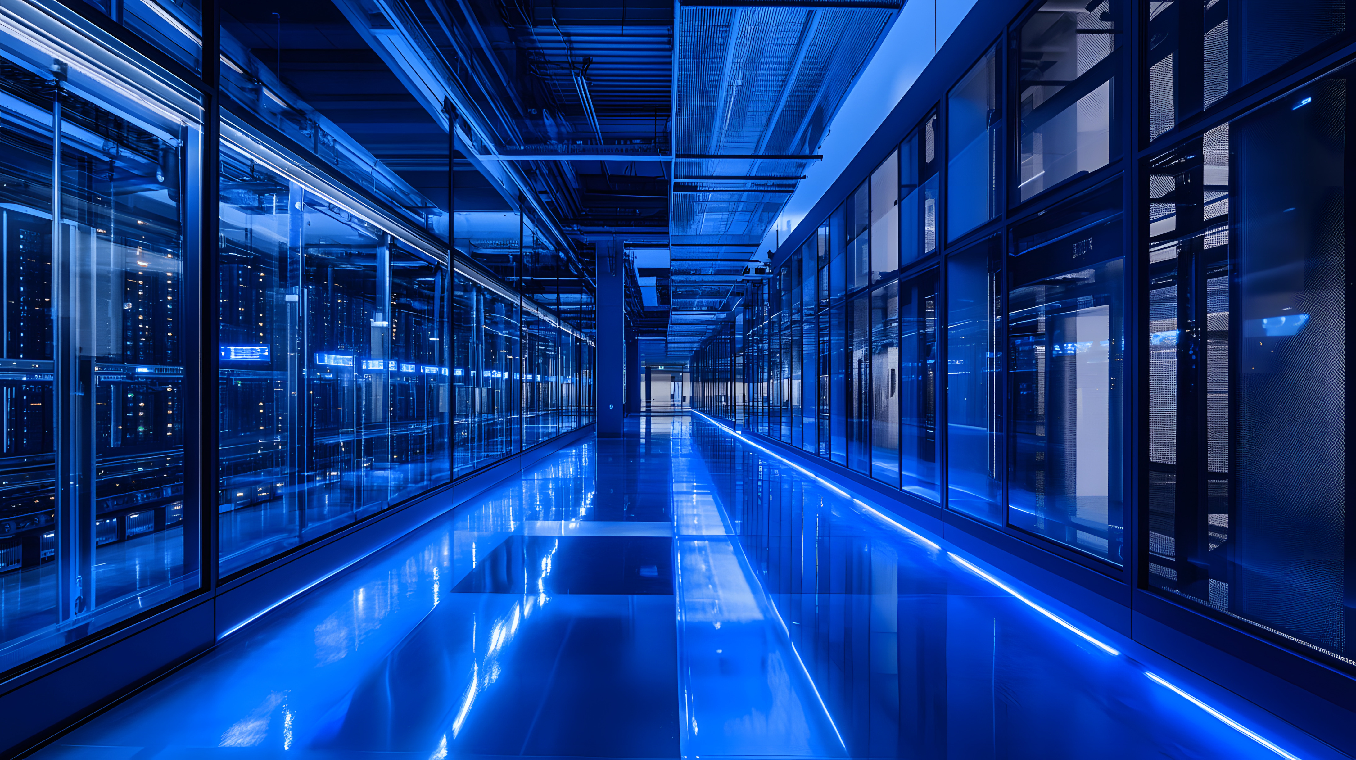 Blue-lit data center server aisle