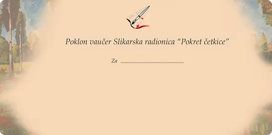 Gift voucher from painting workshop Pokret četkice with space for recipient's name on beige background.