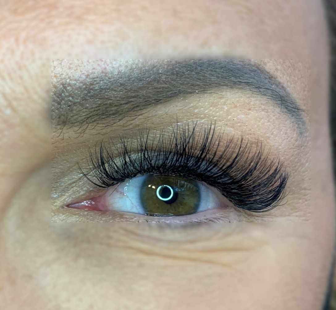 Close-up of volume lashes with a soft wispy finish.