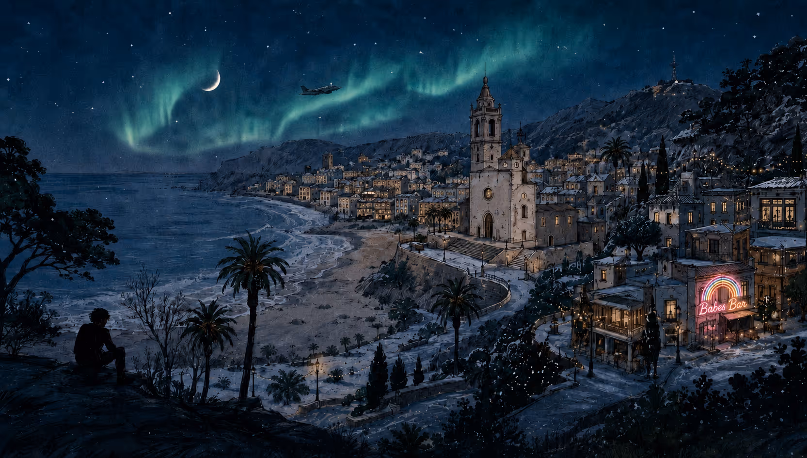 Night coastal town with crescent moon, northern lights, church tower, beach, and neon Babes Bar sign.