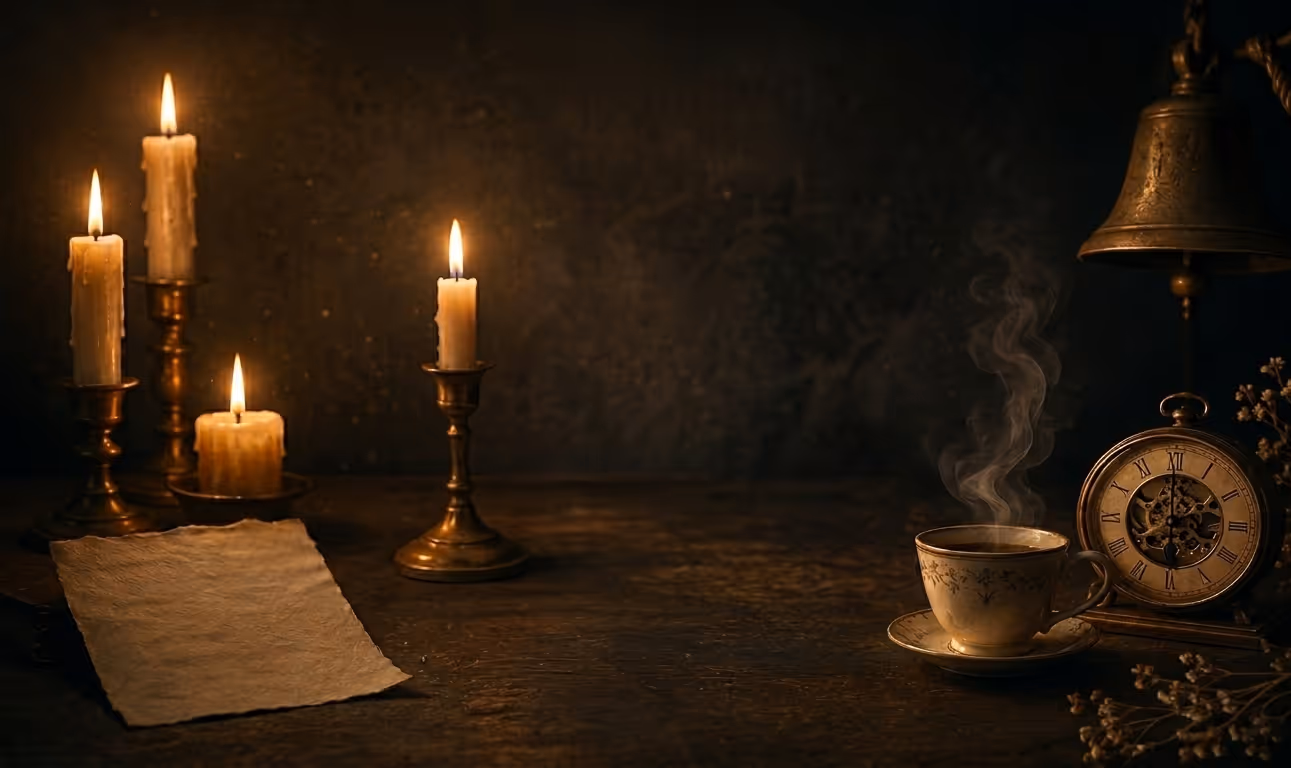 Lit candles, a blank parchment, steaming teacup, an antique clock, and a bell on a dark wooden table.