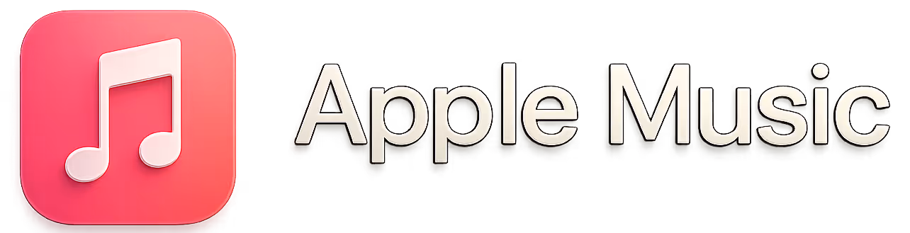 Apple Music logo with a white musical note on a pink rounded square background next to the words Apple Music.