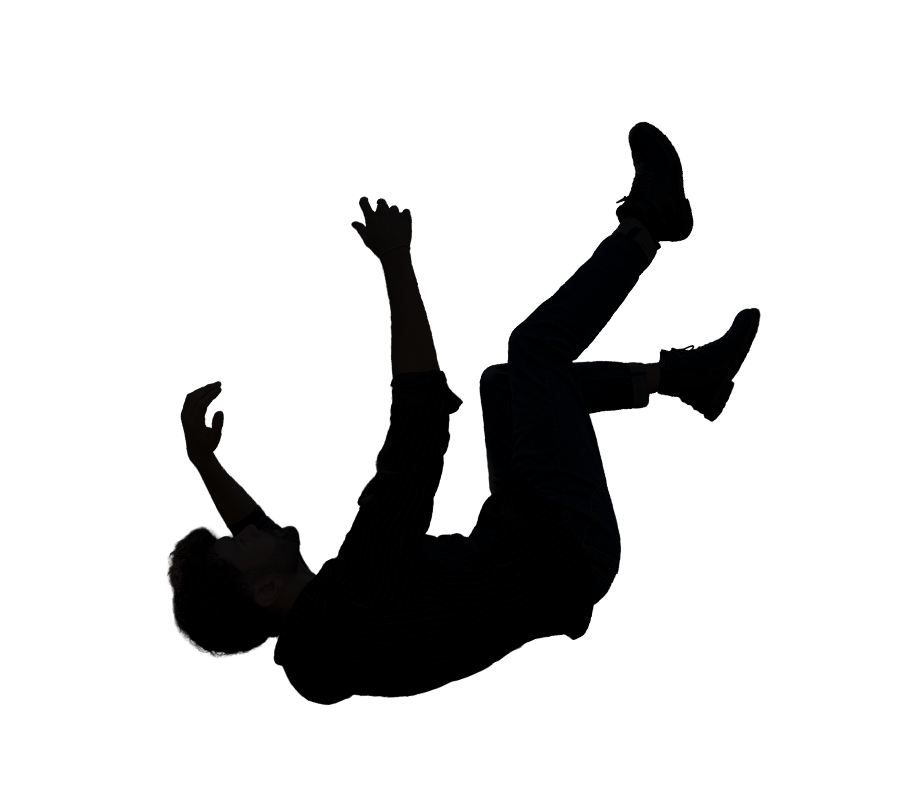 Silhouette of a person falling backward with arms and legs spread out.