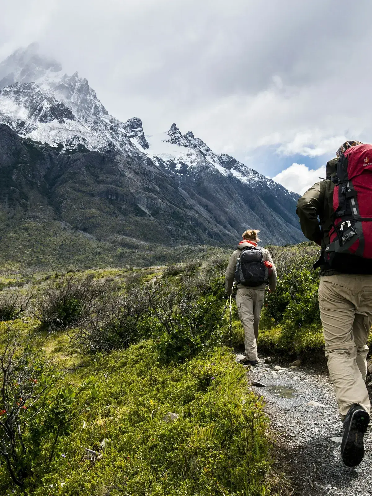 Two hikers with backpacks walking on a trail through green shrubs toward snow-capped mountains.