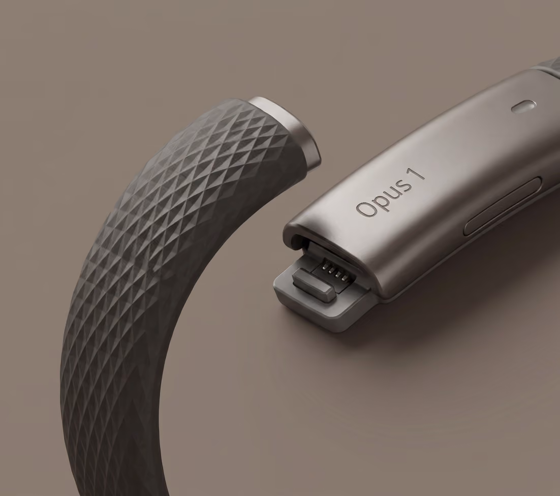 Le module Nagome détaché du bracelet, tenu à la main