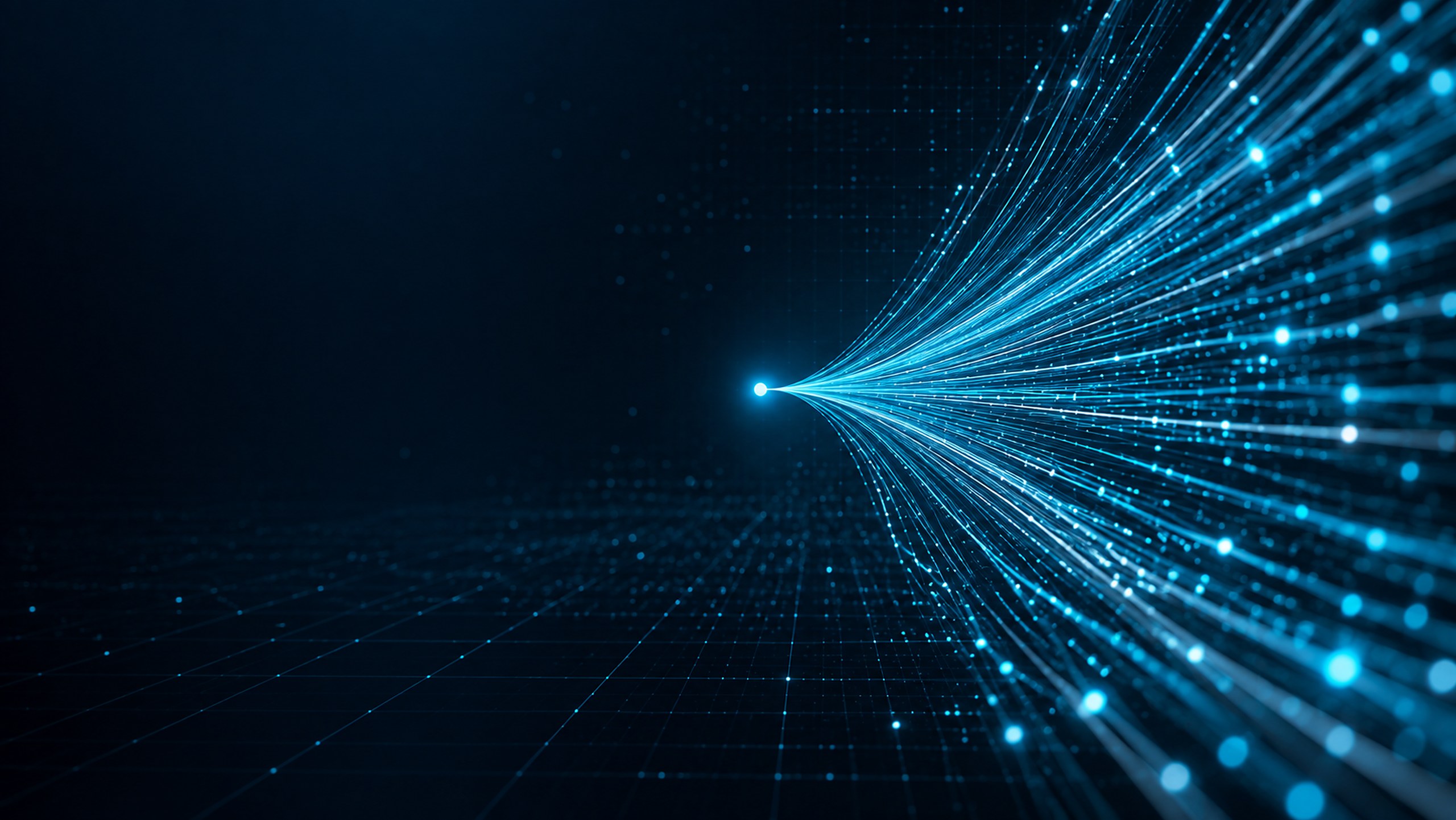 Dozens of glowing fiber-optic light streaks converging into a single point of light over a dark navy grid