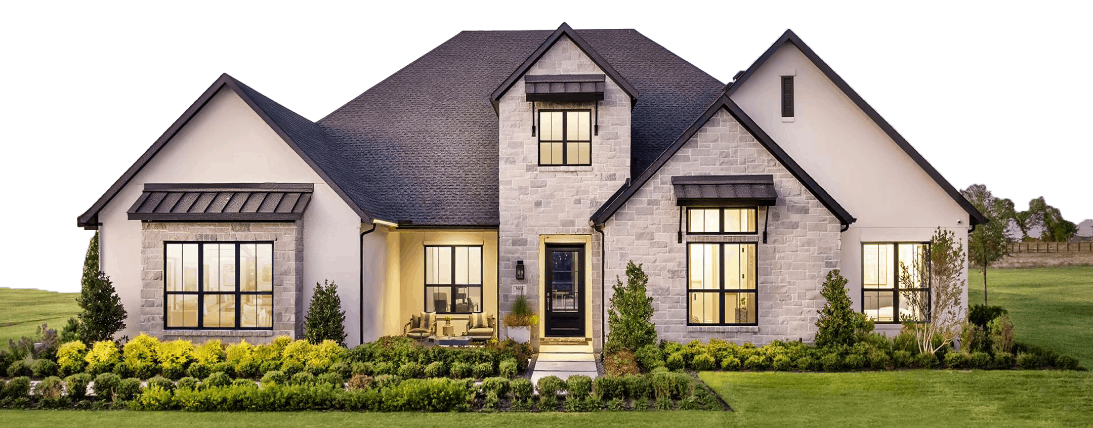 Modern single-story house with gray stone facade, black roof, large windows, and landscaped front yard.