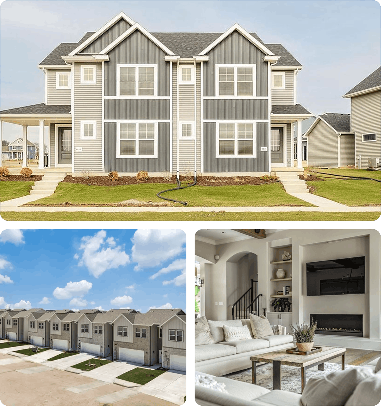 Modern townhouse exterior, row of garages under blue sky, and cozy living room with fireplace and sofa.