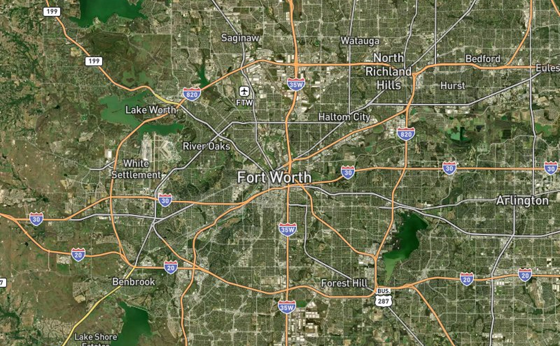 Satellite map of Fort Worth, Texas, showing major roads, highways, and nearby cities.