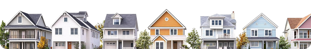 Row of six suburban houses with varied styles and landscaping under clear sky.