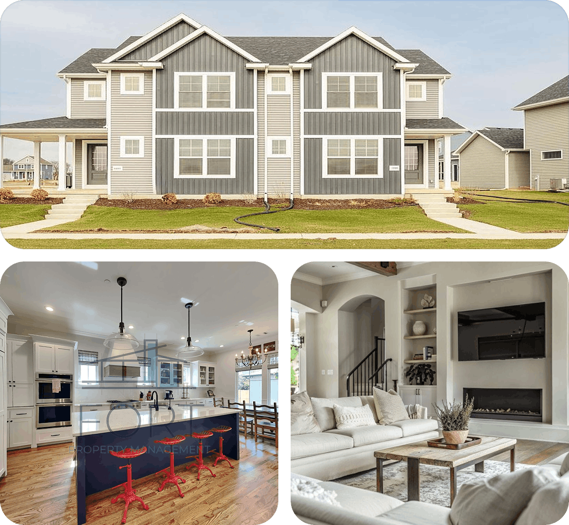 Modern duplex with gray siding, white trim; interior shows kitchen with island and living room with fireplace.
