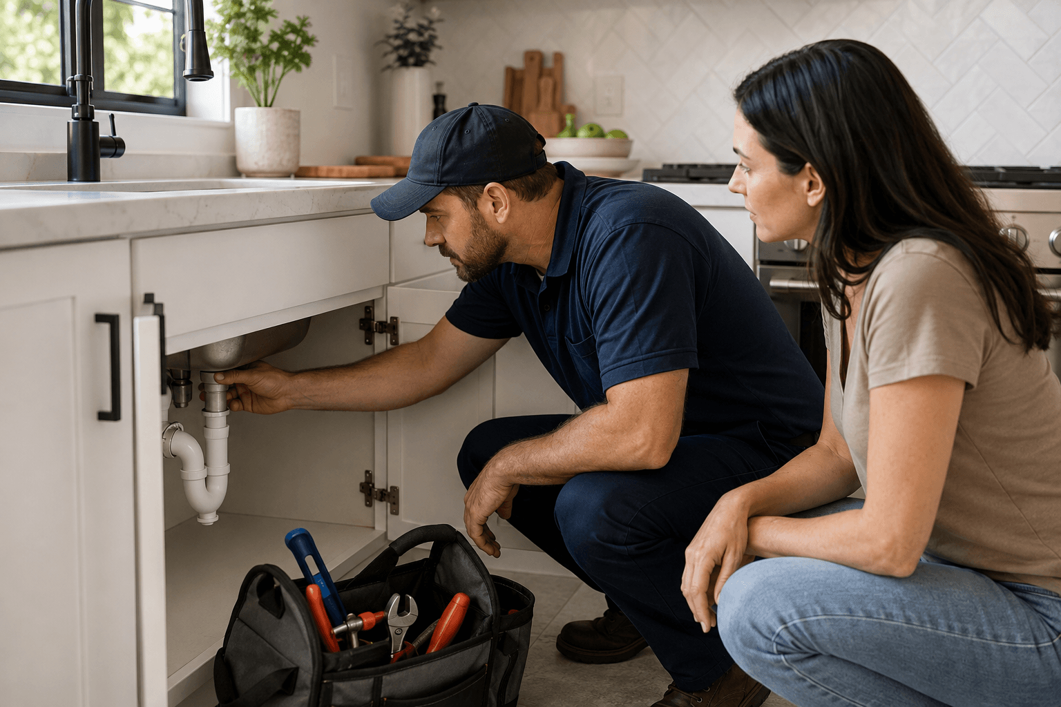 Plumber Inspecting Kitchen Sink Pipes