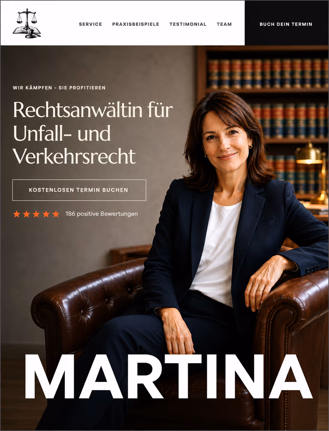Smiling woman in black suit sitting on leather couch with law books behind her.