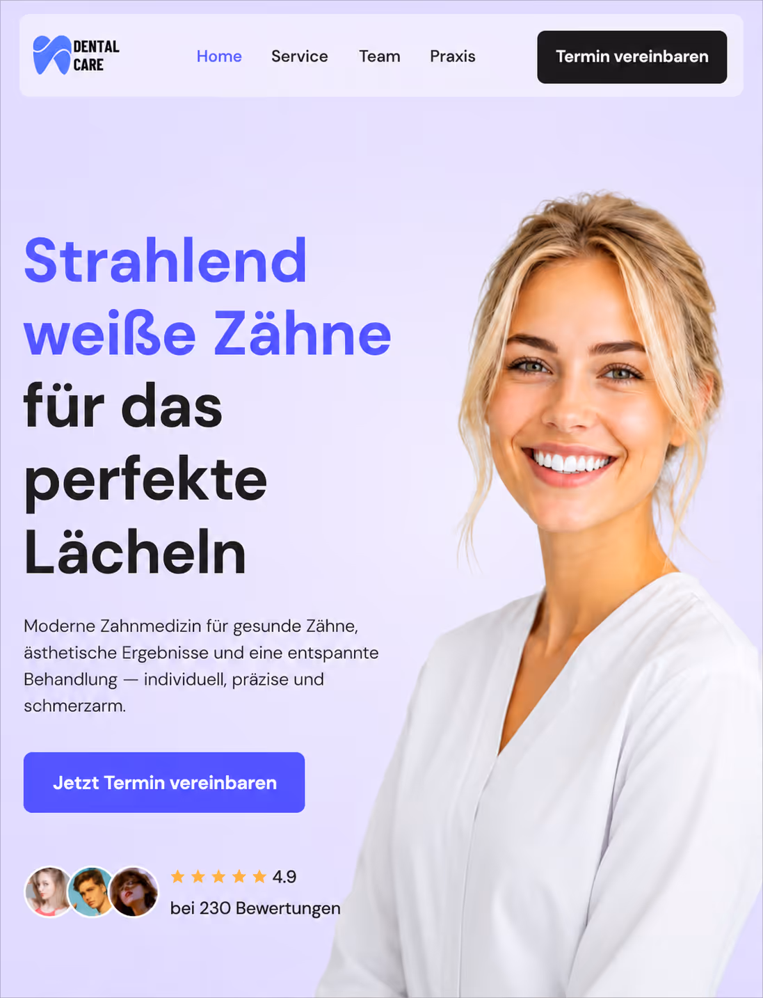 Smiling blonde woman in white medical coat promoting bright white teeth at dental care clinic.