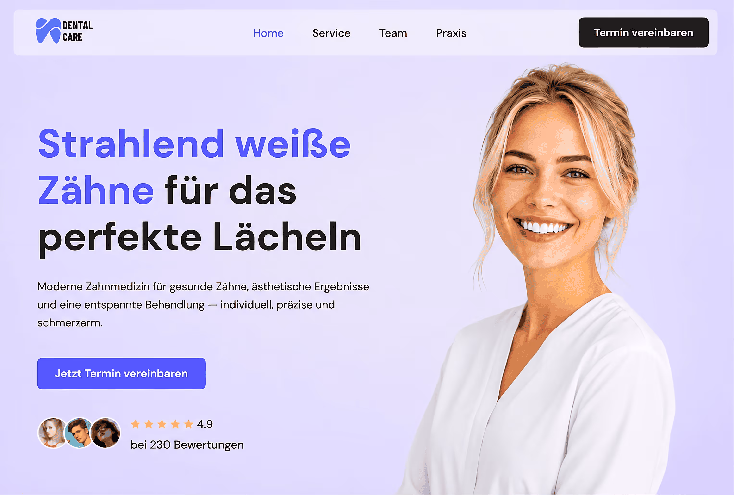 Smiling woman with white teeth in white coat beside German dental care website text.