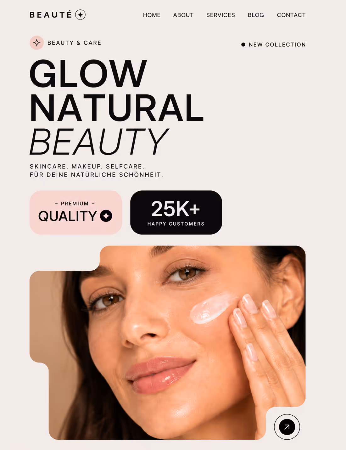 Woman with clear skin applying cream to her cheek, promoting natural beauty and skincare.