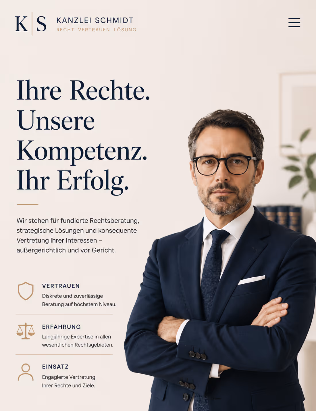 Confident man in a suit with glasses stands with arms crossed beside German legal service text.