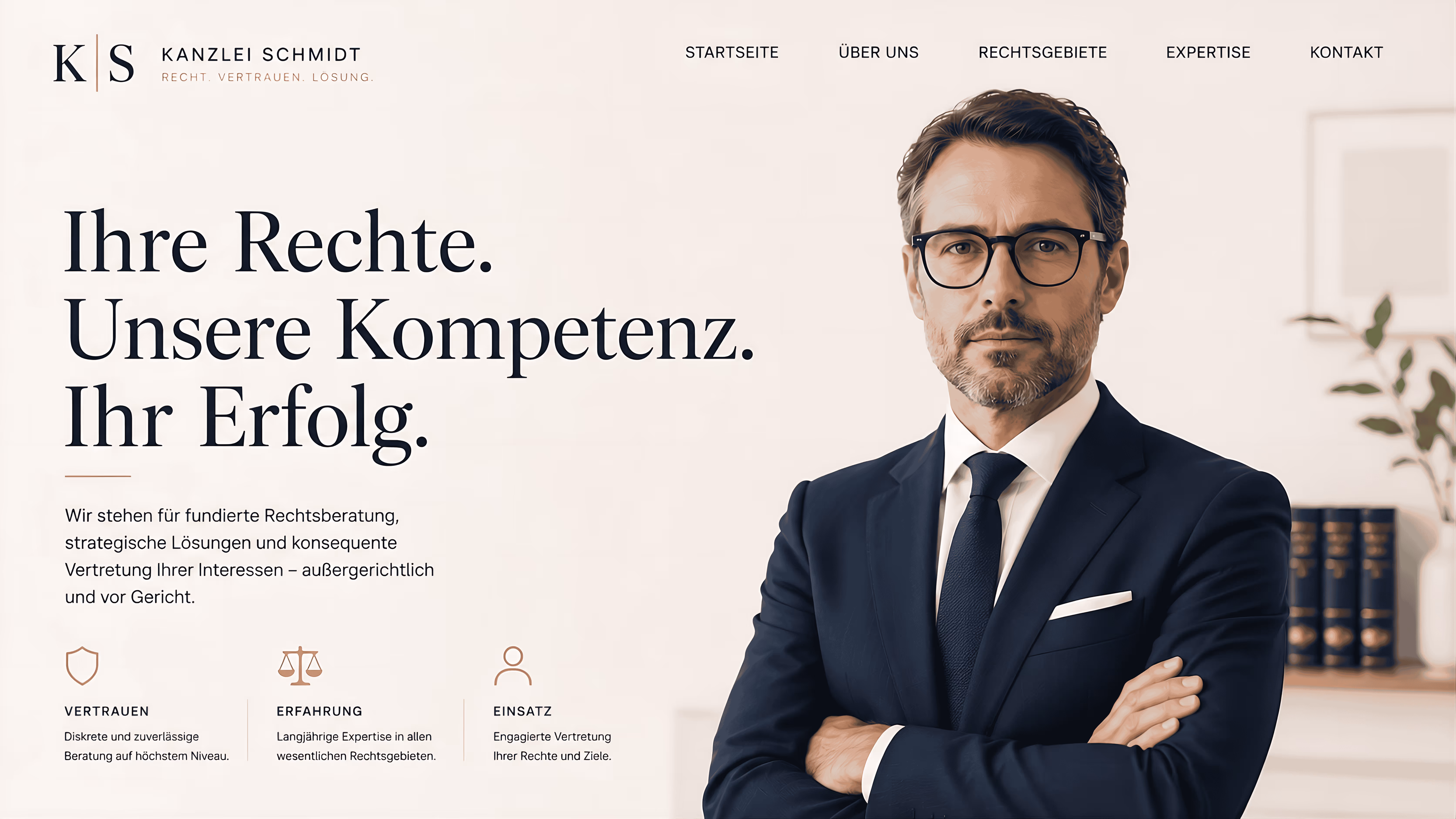 Confident man in a suit and glasses standing with crossed arms beside German law firm text and icons.