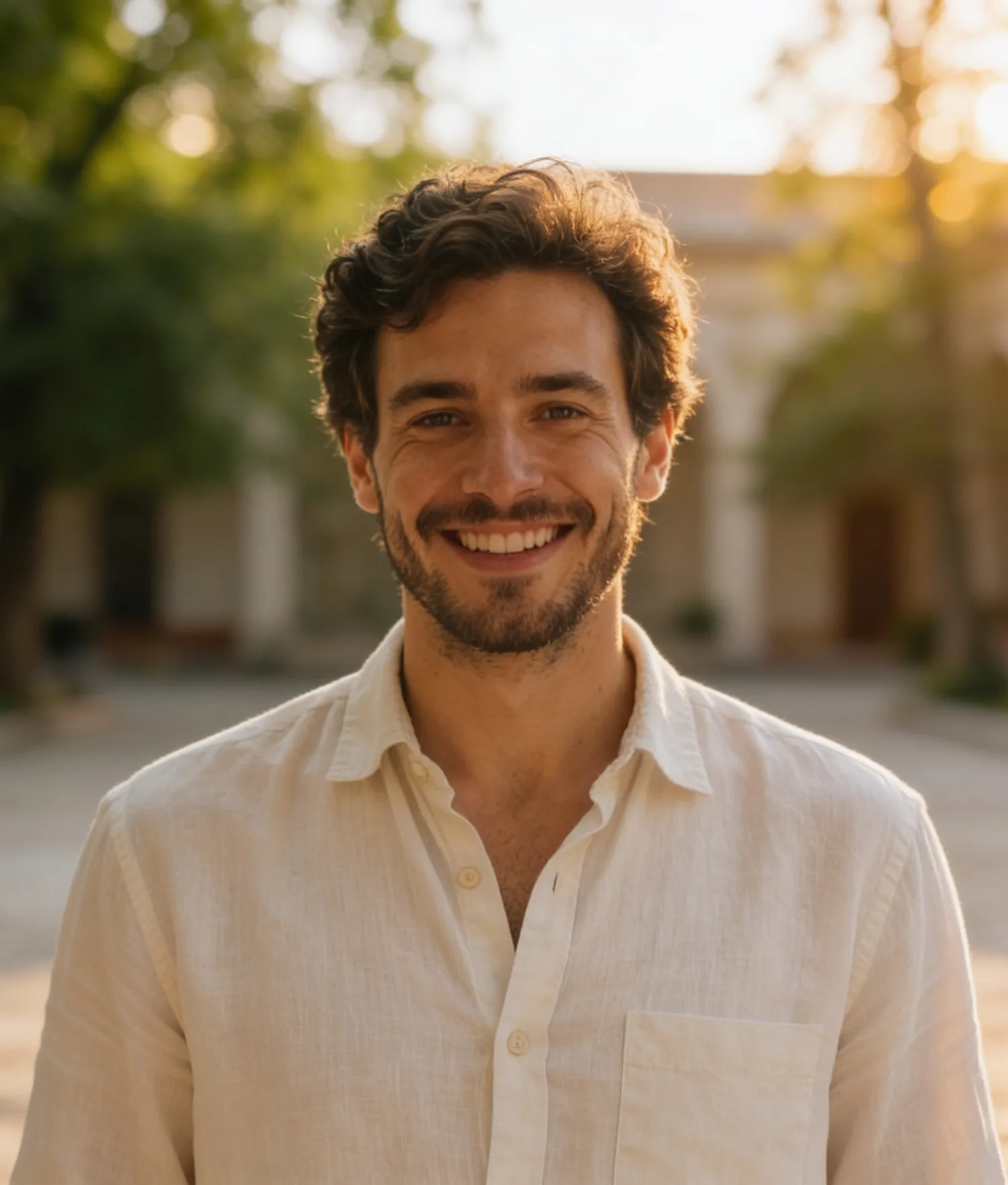 Smiling man with curly hair and beard wearing beige shirt outdoors in warm sunlight.