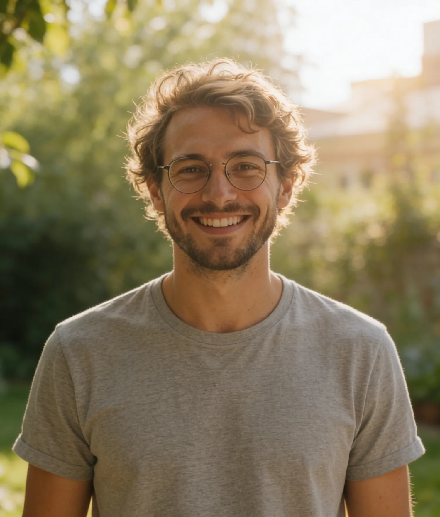 Smiling young man with curly hair, glasses, and gray t-shirt outdoors in sunny garden.