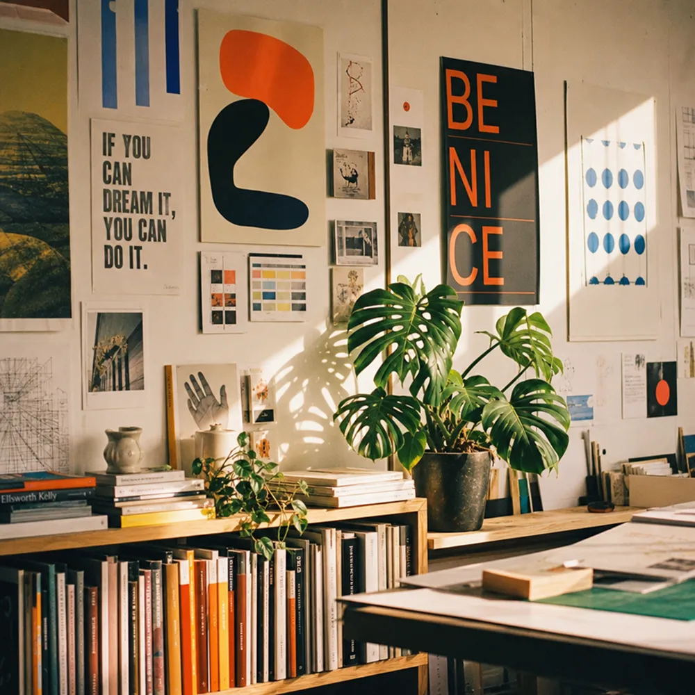 Sunlit creative workspace with plants, shelves of books, and inspirational posters on the wall.