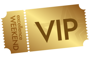 Golden ticket with text 'VIP' and 'excellence WEEKEND' on a stylized background.