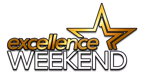 Gold and white text reading 'excellence WEEKEND' with a gold star outline on a black background.