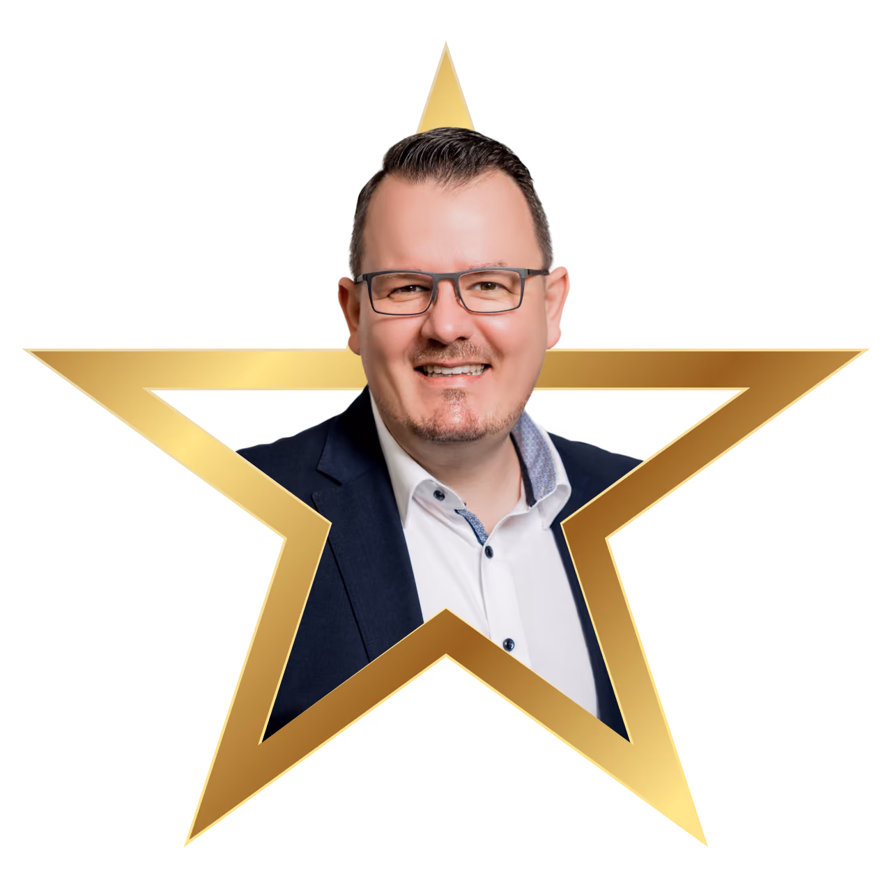 Smiling man in a black blazer and t-shirt framed inside a gold star outline.
