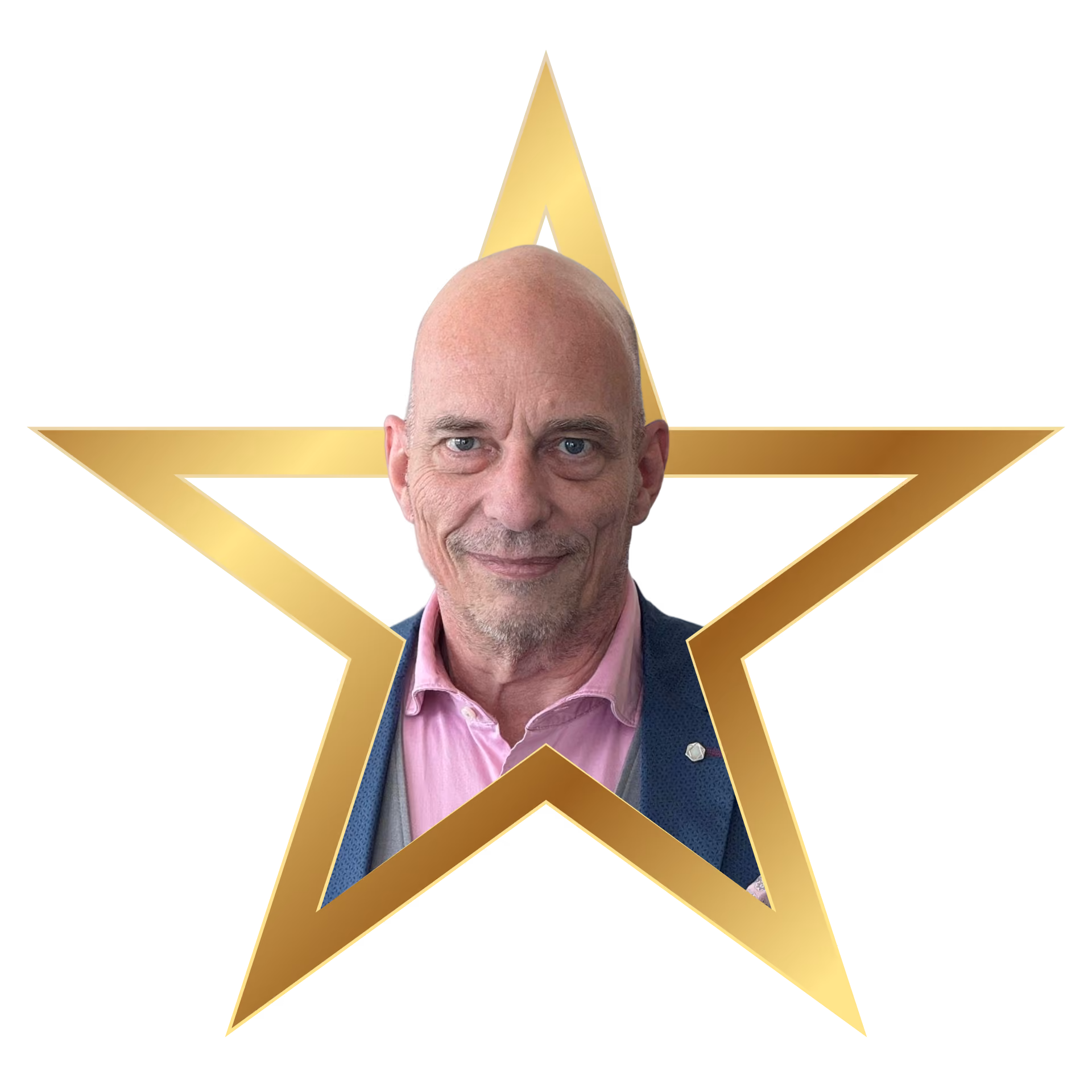 Smiling man wearing glasses, a white shirt, and a dark blazer framed within a gold star outline.