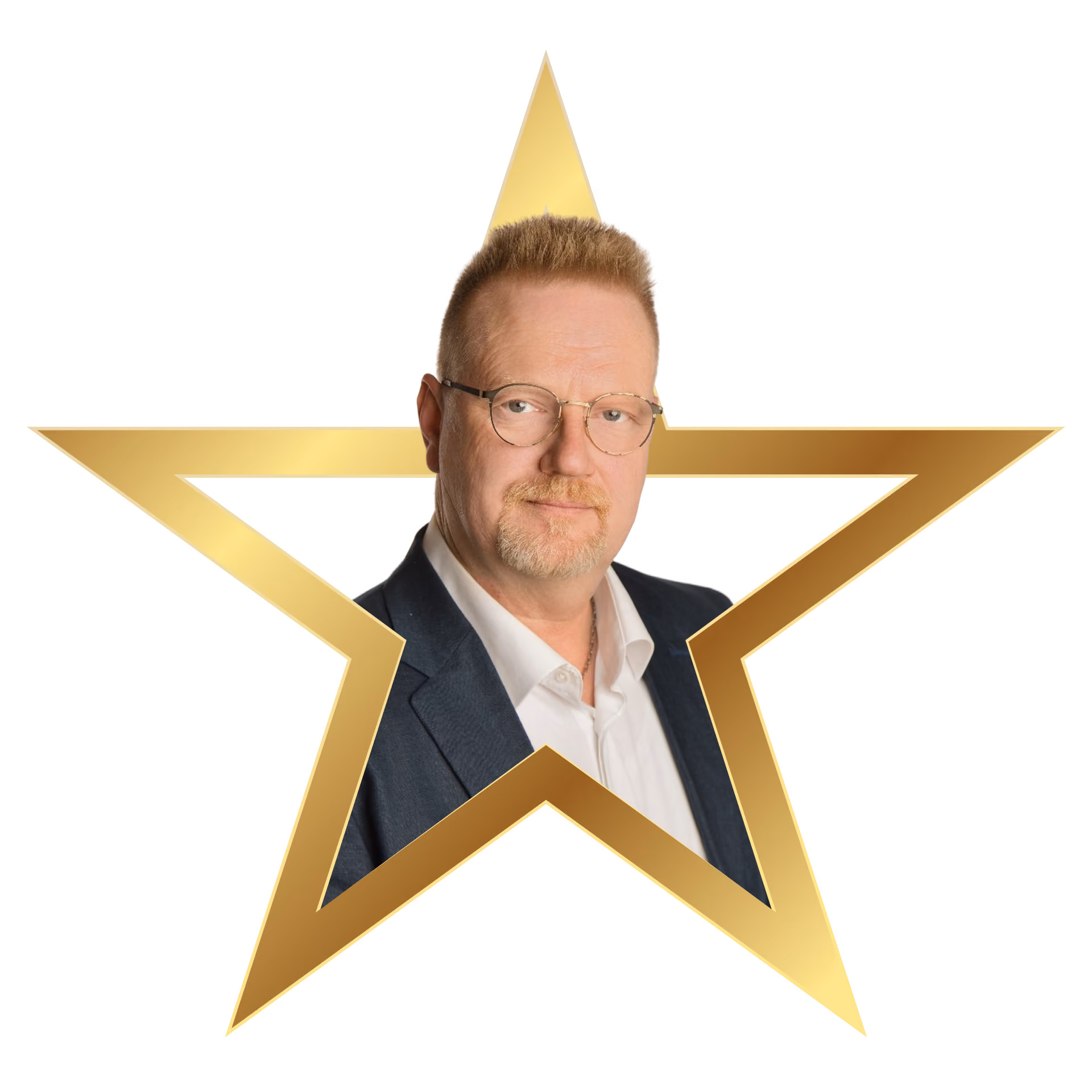 Smiling man wearing glasses, a white shirt, and a dark blazer framed within a gold star outline.