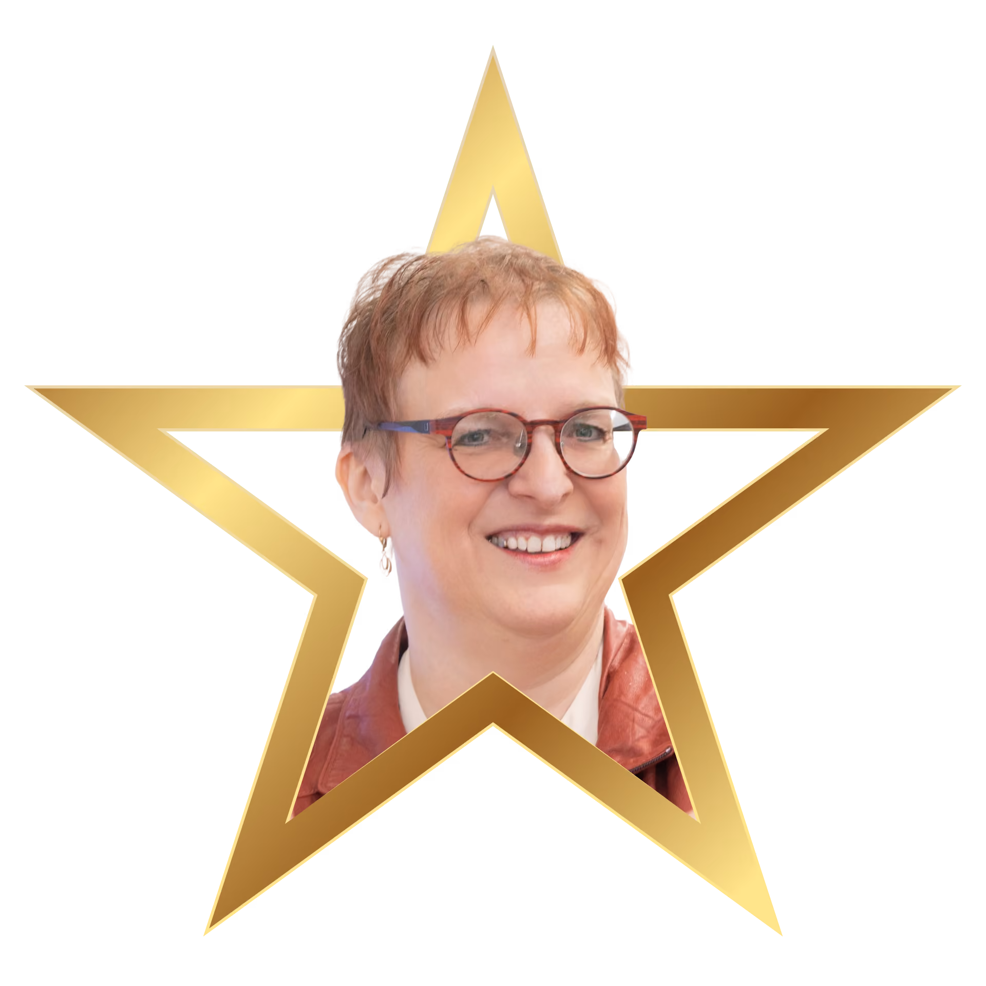 Smiling man wearing glasses, a white shirt, and a dark blazer framed within a gold star outline.