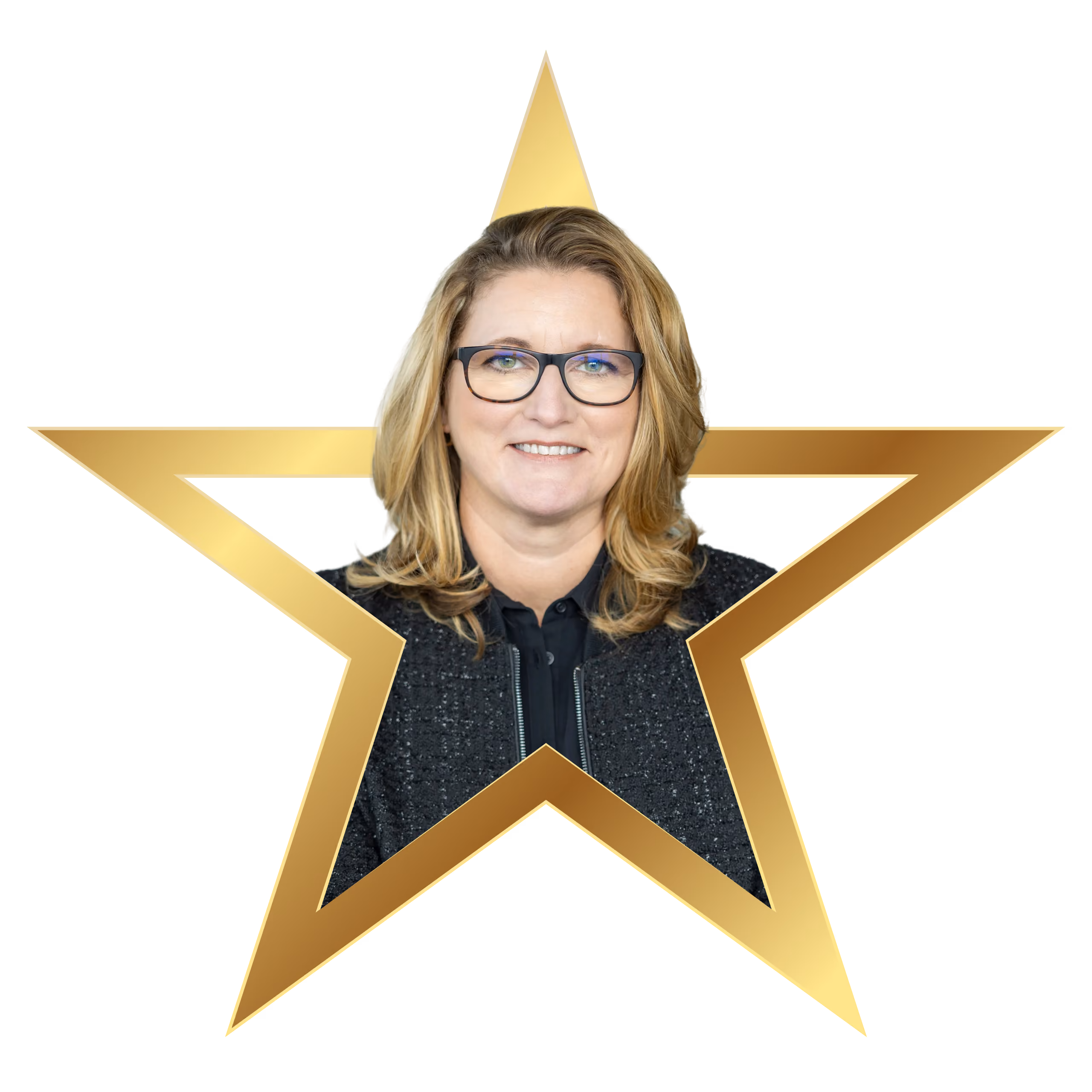 Smiling woman with long light brown hair wearing a black top with pink floral pattern, framed inside a golden star outline.