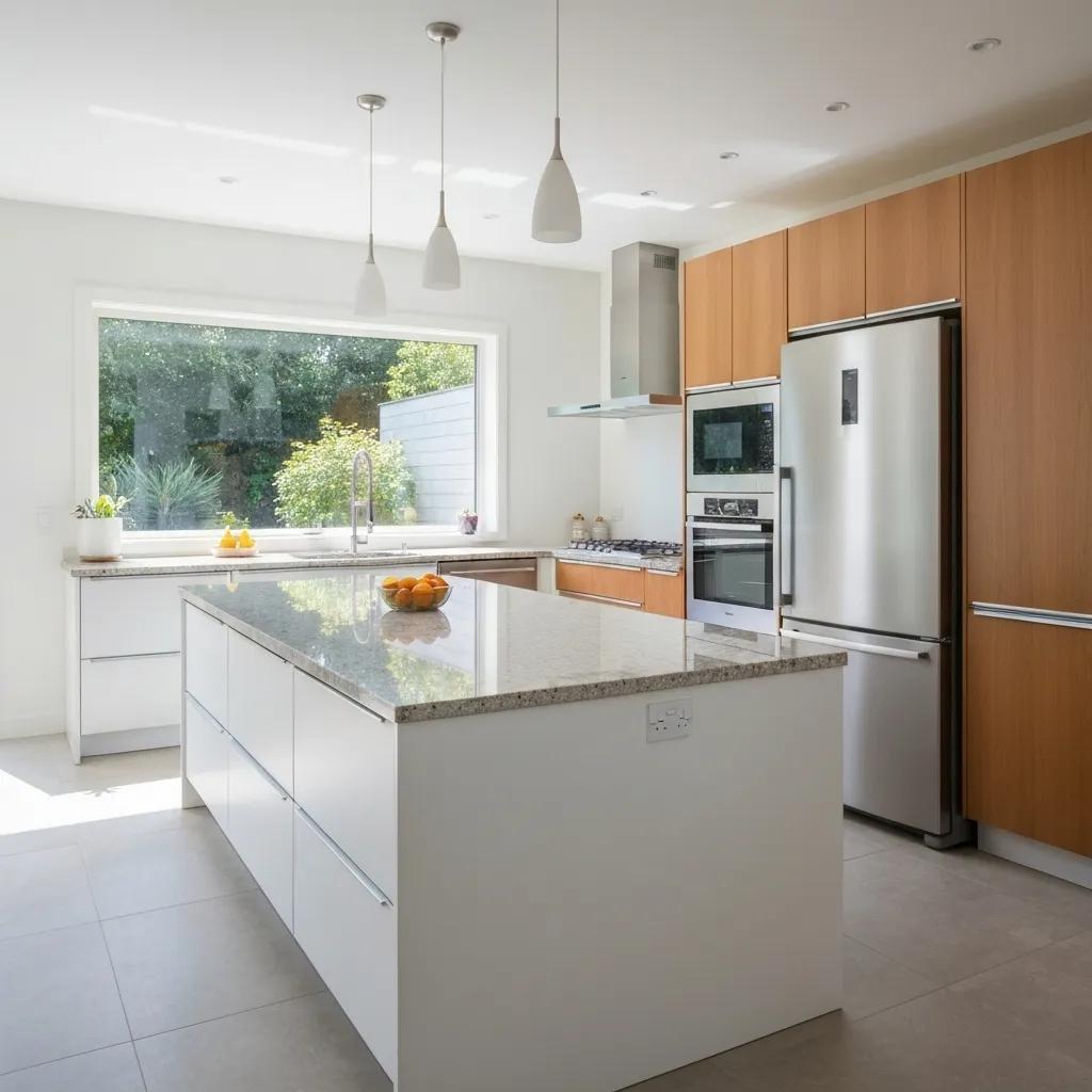 A homeowner and a kitchen remodeling expert collaborating on design plans in a modern kitchen setting