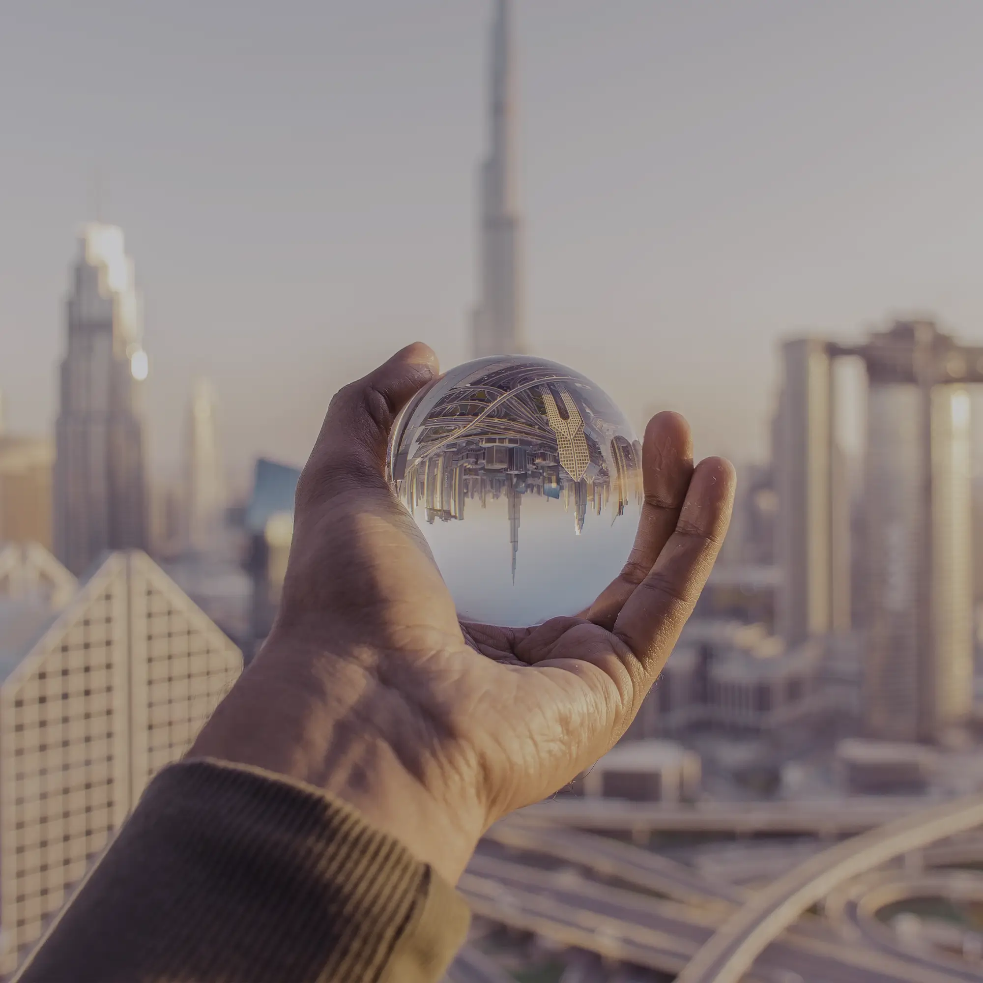 Dubai skyline reflected in crystal ball – symbolic image representing financial foresight for expats