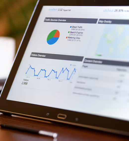 Tablet screen showing website analytics with traffic sources, visitor overview graph, and map overview.