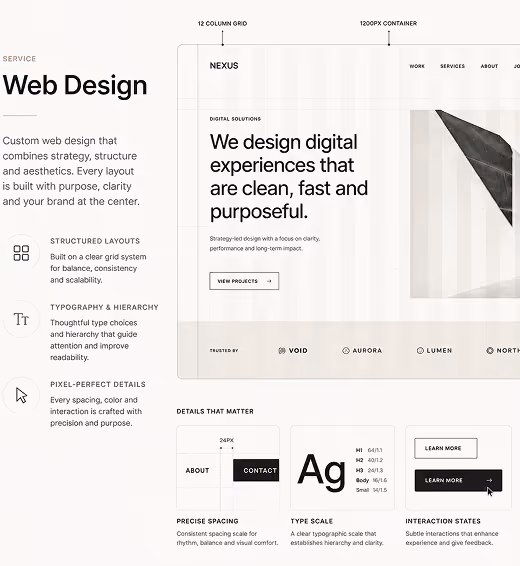 Web design overview showing clean digital experiences, structured layouts, typography, spacing, and interaction states.