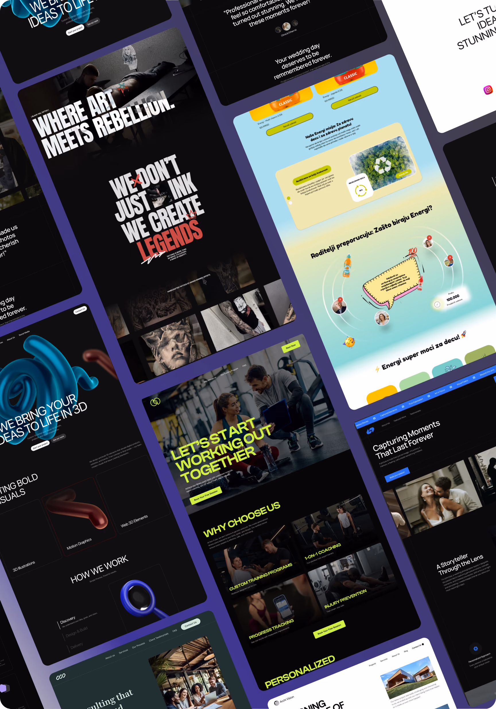 Collage of various website homepage designs featuring fitness, art, and environmental themes.