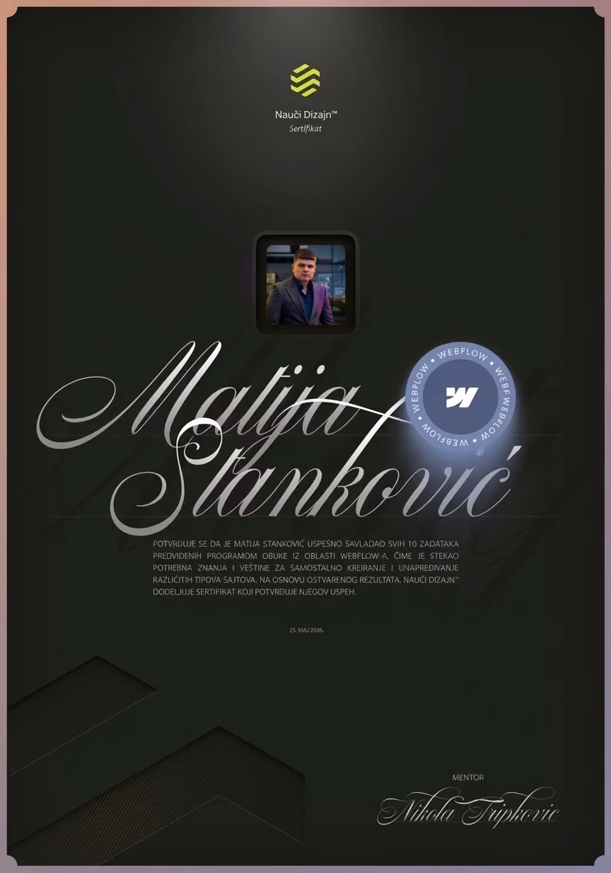 Certificate for Matija Stankovic with a photo and Webflow seal, signed by mentor Nikola Tripkovic.
