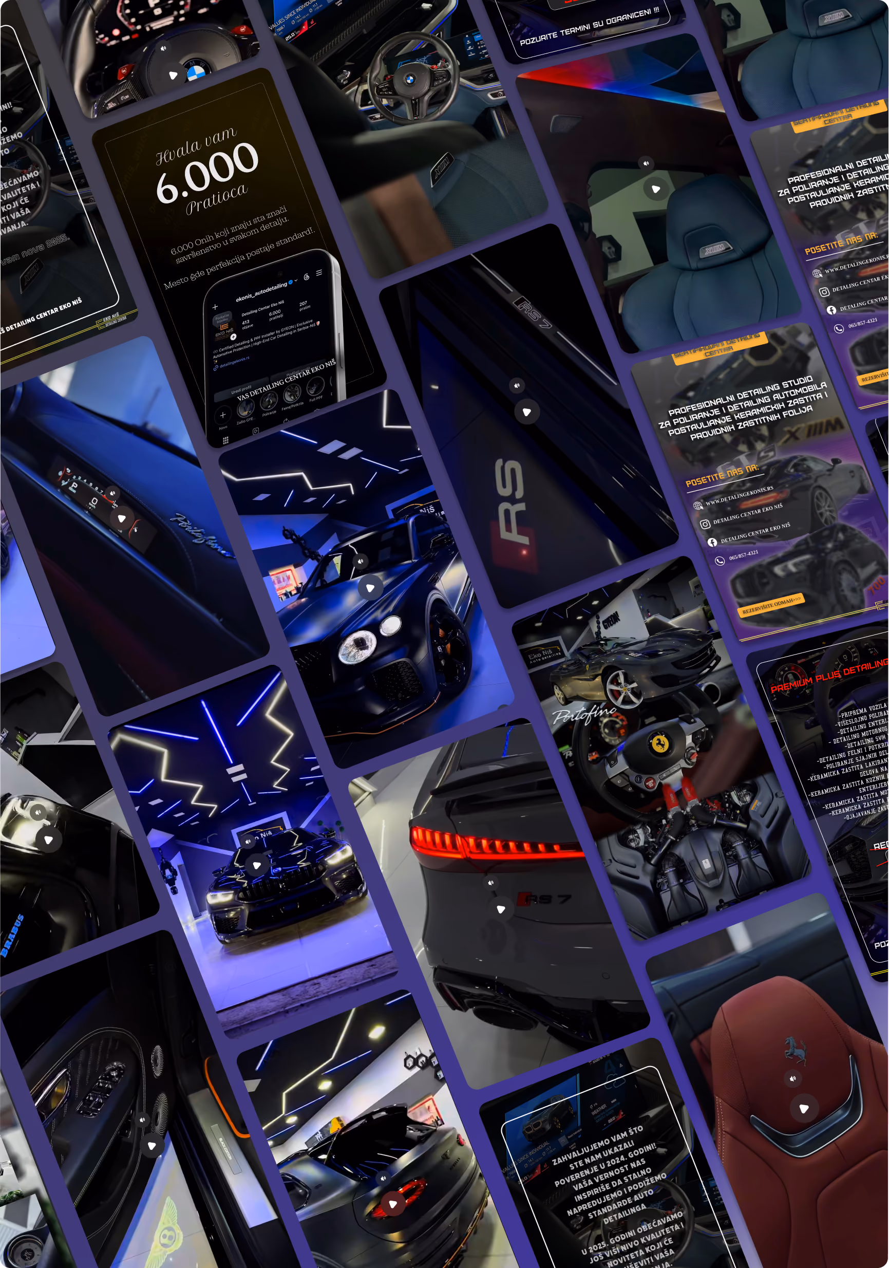Collage of luxury car interiors, exteriors, and detailing studio shots with blue and purple lighting.